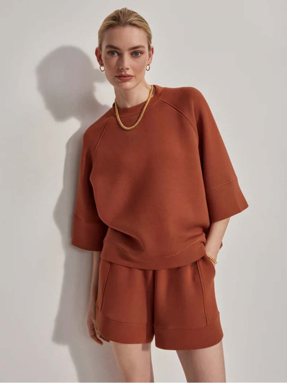 Varley Doublesoft Tabor Raglan Tee Clay Orange Size XS Cozy Top 3/4 Sleeve
